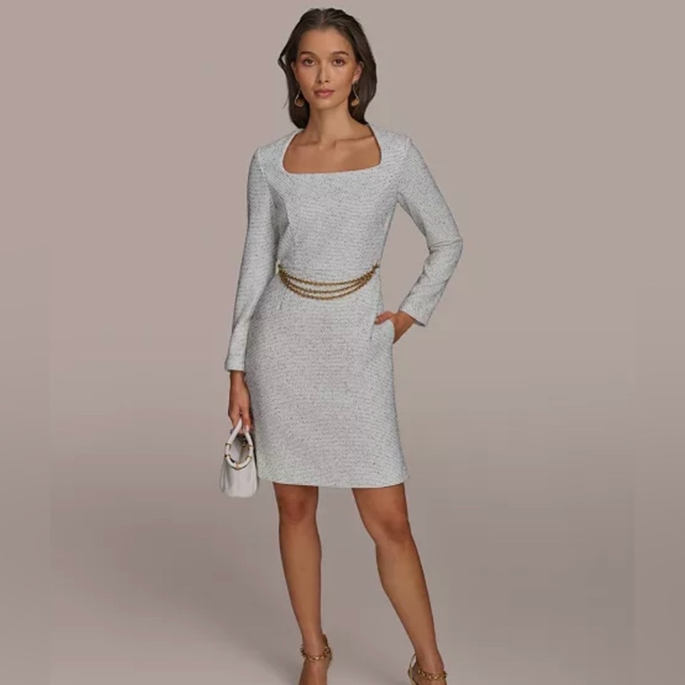 Donna Karan White Long-Sleeve Square Neck Tweed Dress